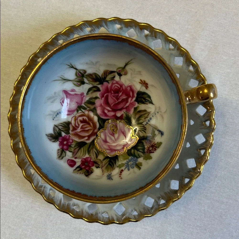 Vintage Iridescent Lusterware Moriage Footed Teacup Reticulated Saucer Pink Rose